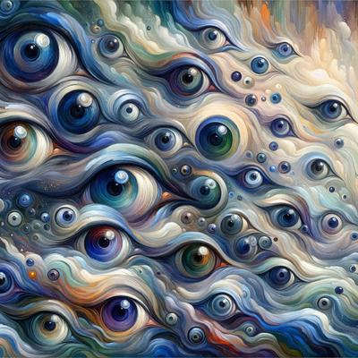 The primary subject of the image is a painting featuring a large number of eyes. The setting is a cloudy sky, and the visual style appears to be a combination of digital art and illustration. The colors and mood of the painting are predominantly blue and somewhat eerie, creating a unique and intriguing atmosphere.